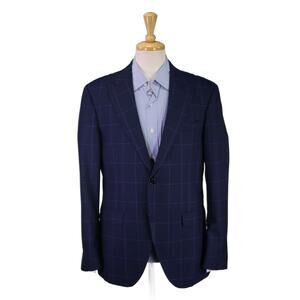 Massimo Dutti Blue Windowpane Peak Lapel Wool Sportcoat Blazer Slim Fit 42R